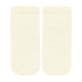 A pair of cream-colored ankle  baby socks with a ribbed knit cuff and toe, displayed flat against a light gray background.
