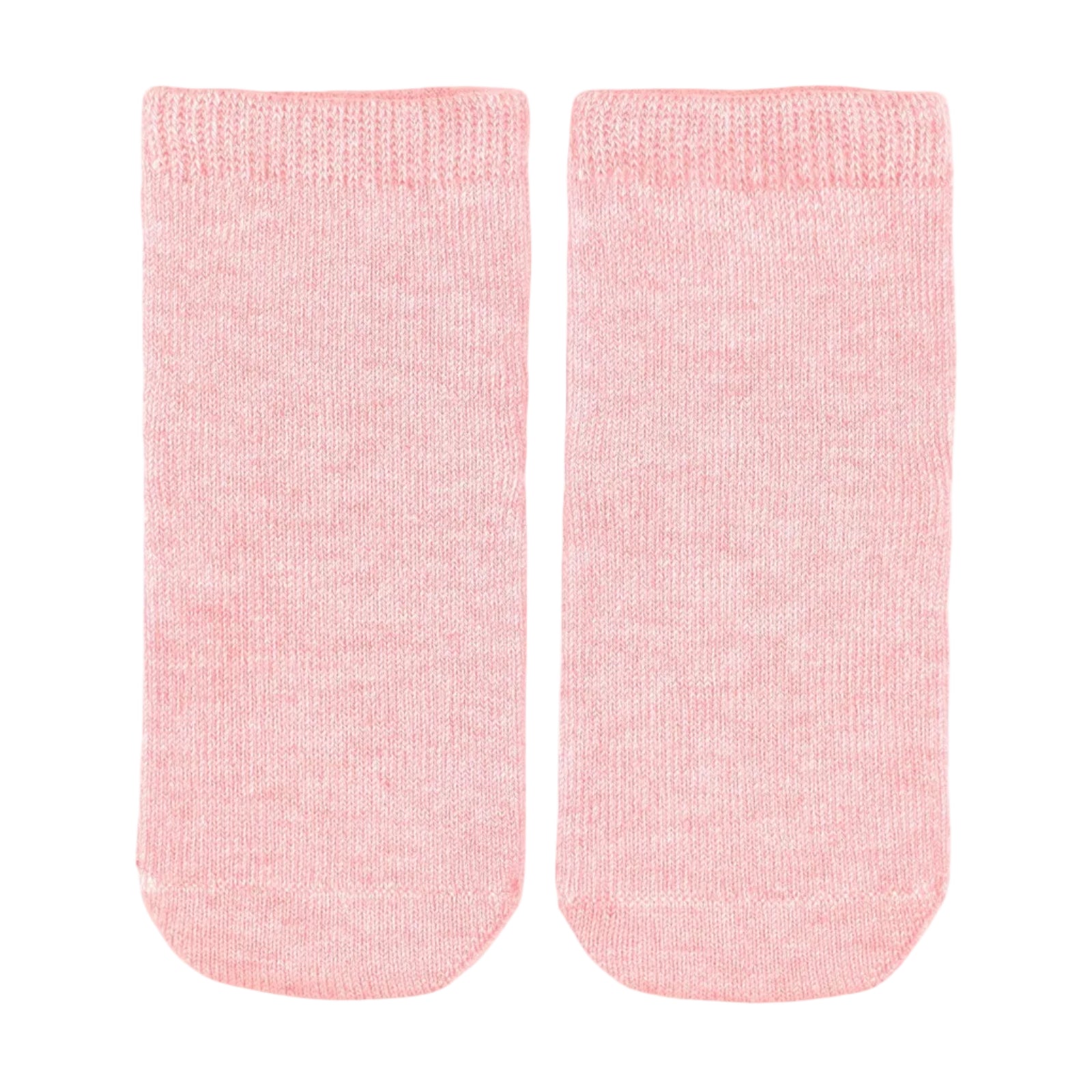 A pair of light pink baby ankle socks with a ribbed knit cuff, displayed flat against a light gray background.