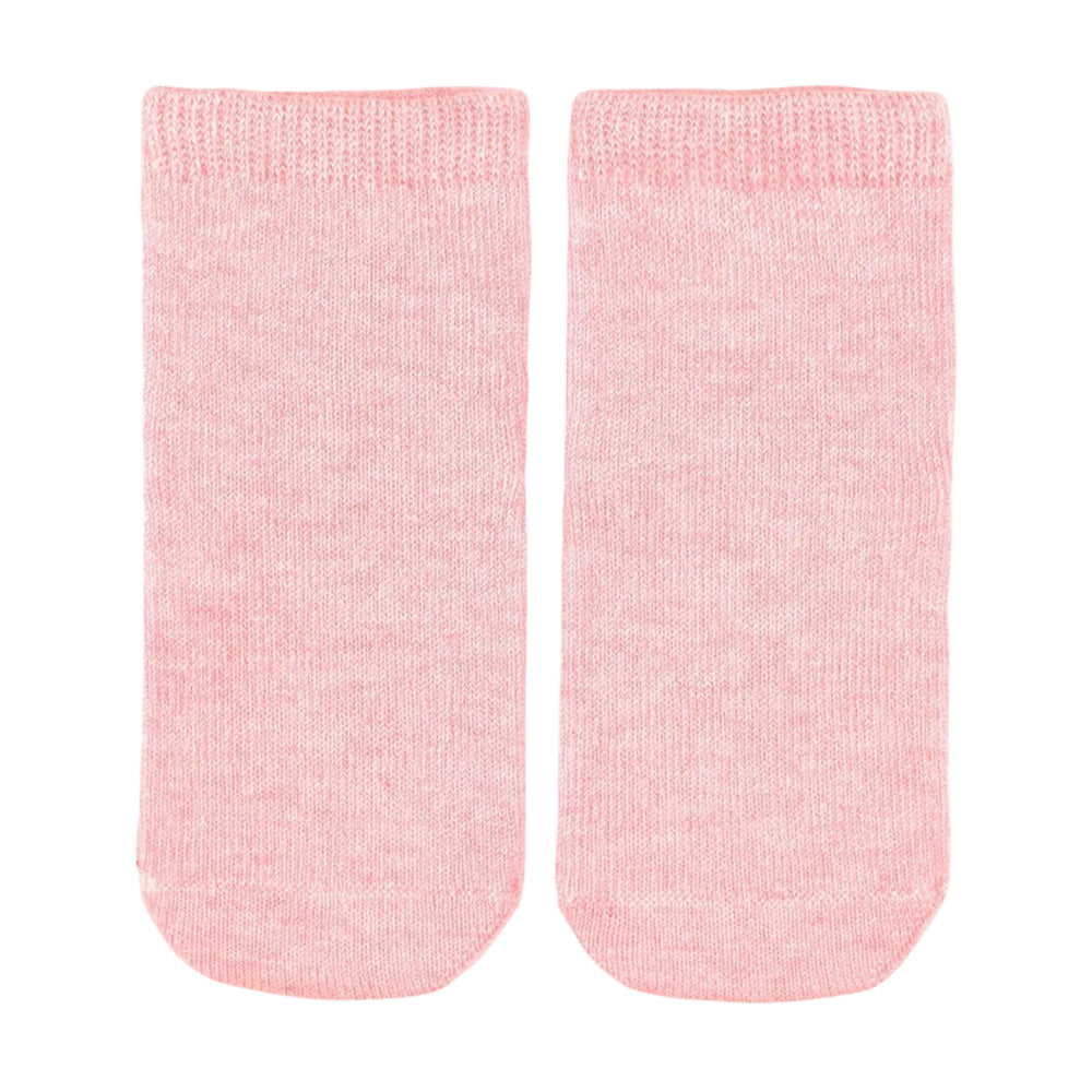 A pair of light pink baby ankle socks with a ribbed knit cuff, displayed flat against a light gray background.