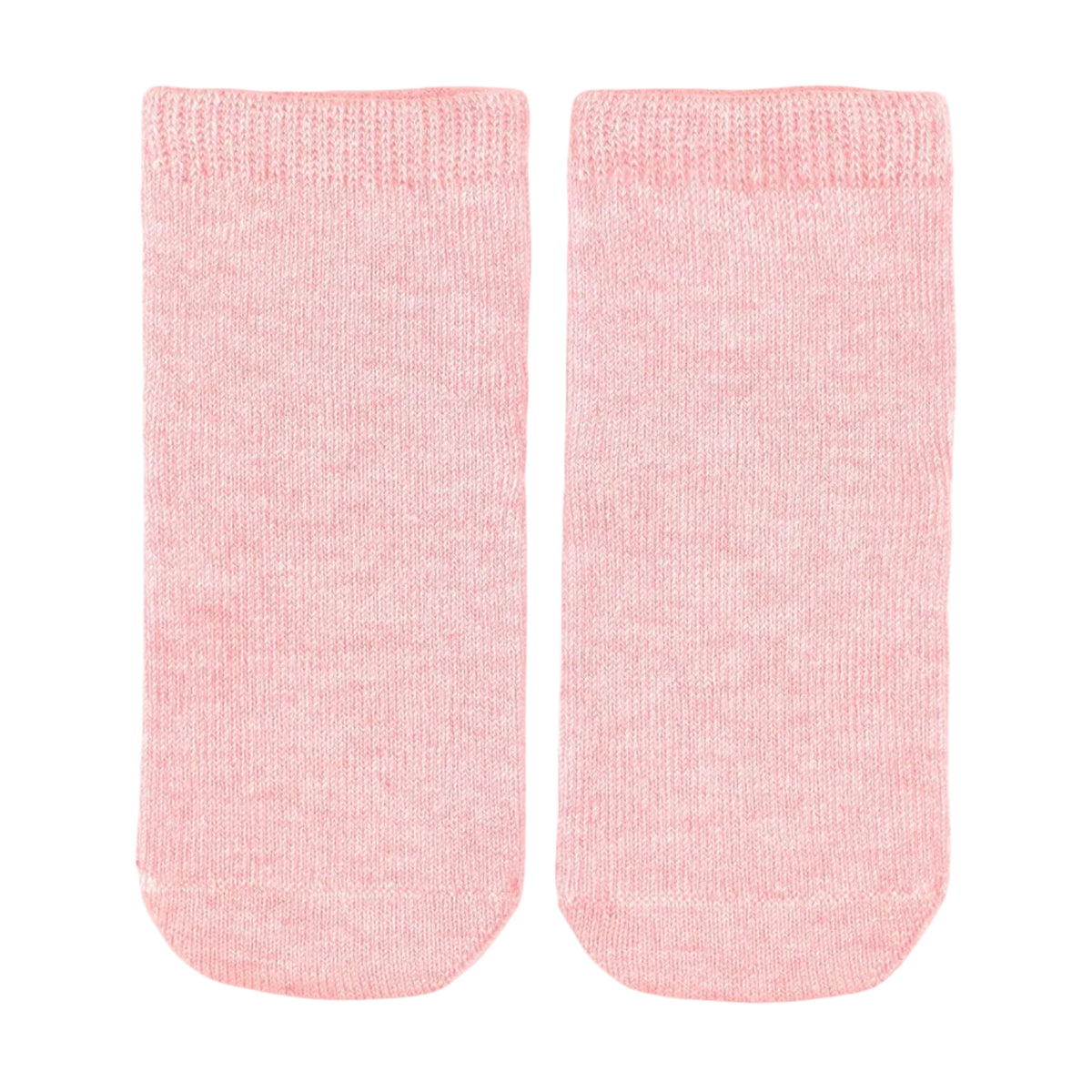 A pair of light pink baby ankle socks with a ribbed knit cuff, displayed flat against a light gray background.