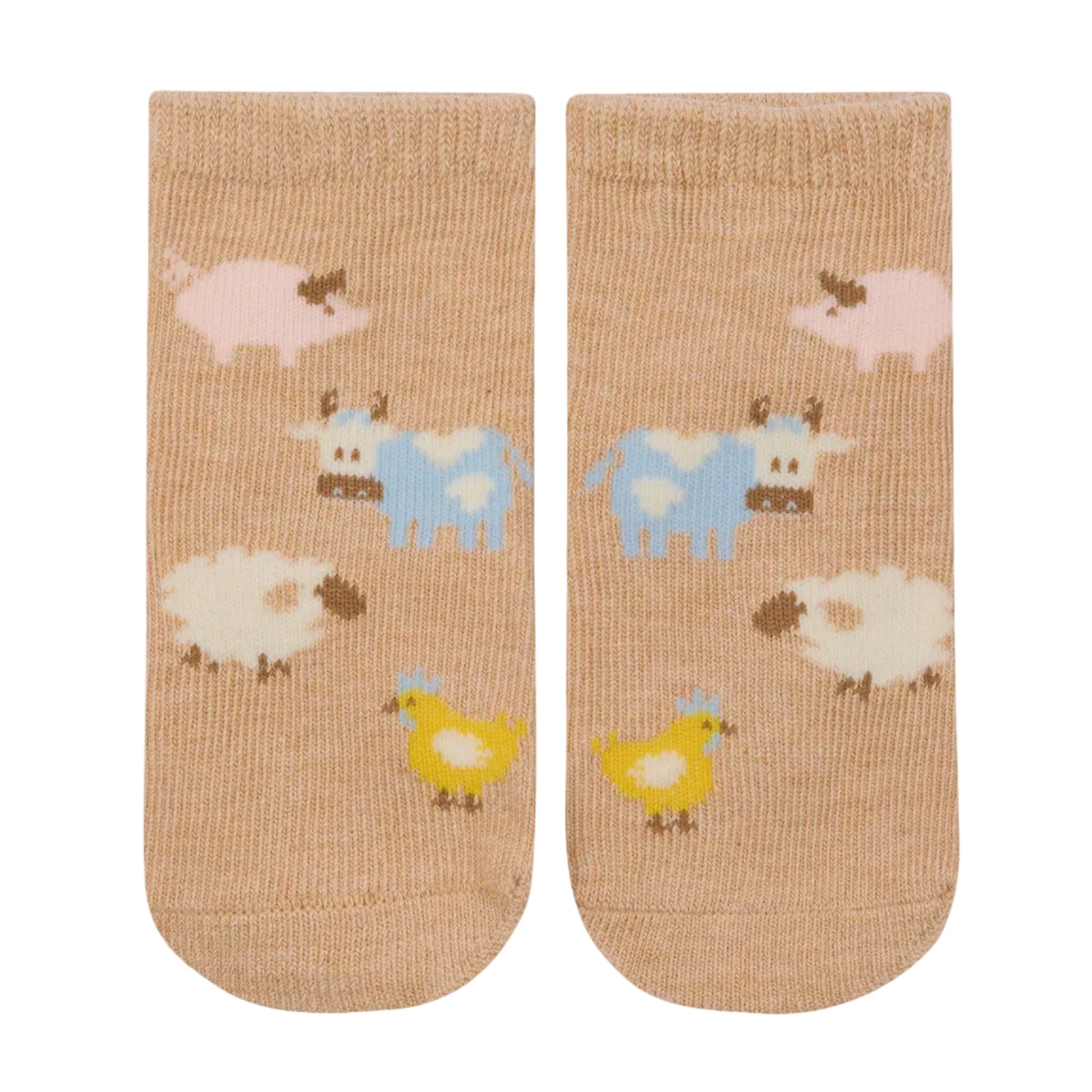 Pair of socks with farm animal pattern on a beige background