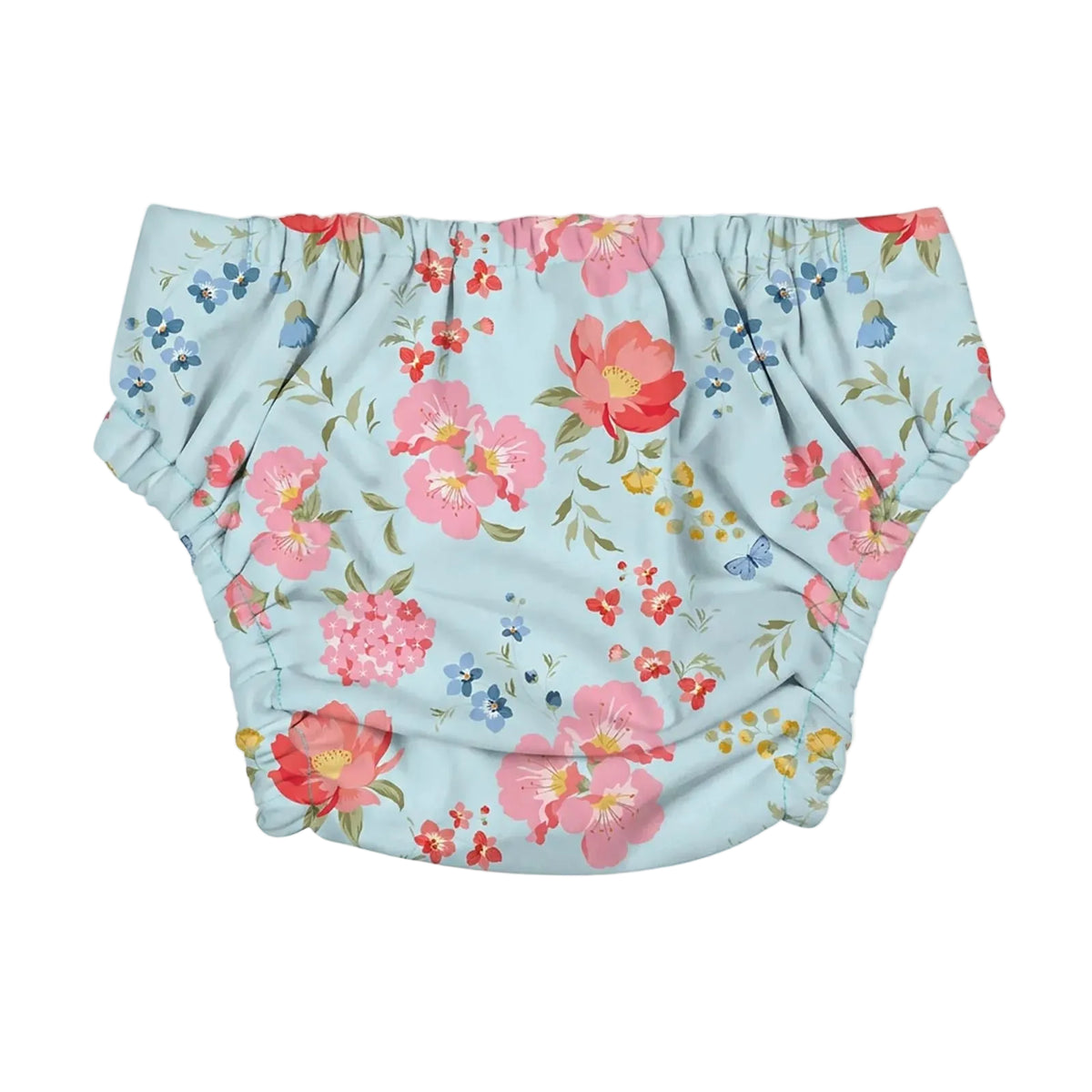 The back of a baby swim nappy with pink flowers on a blue background