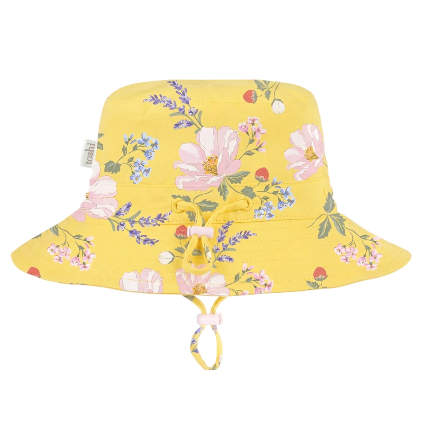 A yellow bucket hat with a pink, blue, and green floral pattern, featuring a drawstring chin strap, shown against a plain white background.