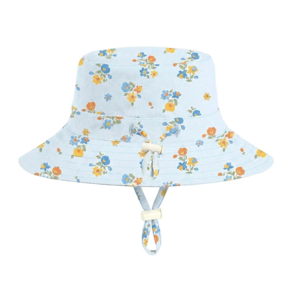 A light blue bucket hat with a yellow and blue floral pattern, featuring a chin strap with a cream-colored toggle, shown against a solid light gray background.