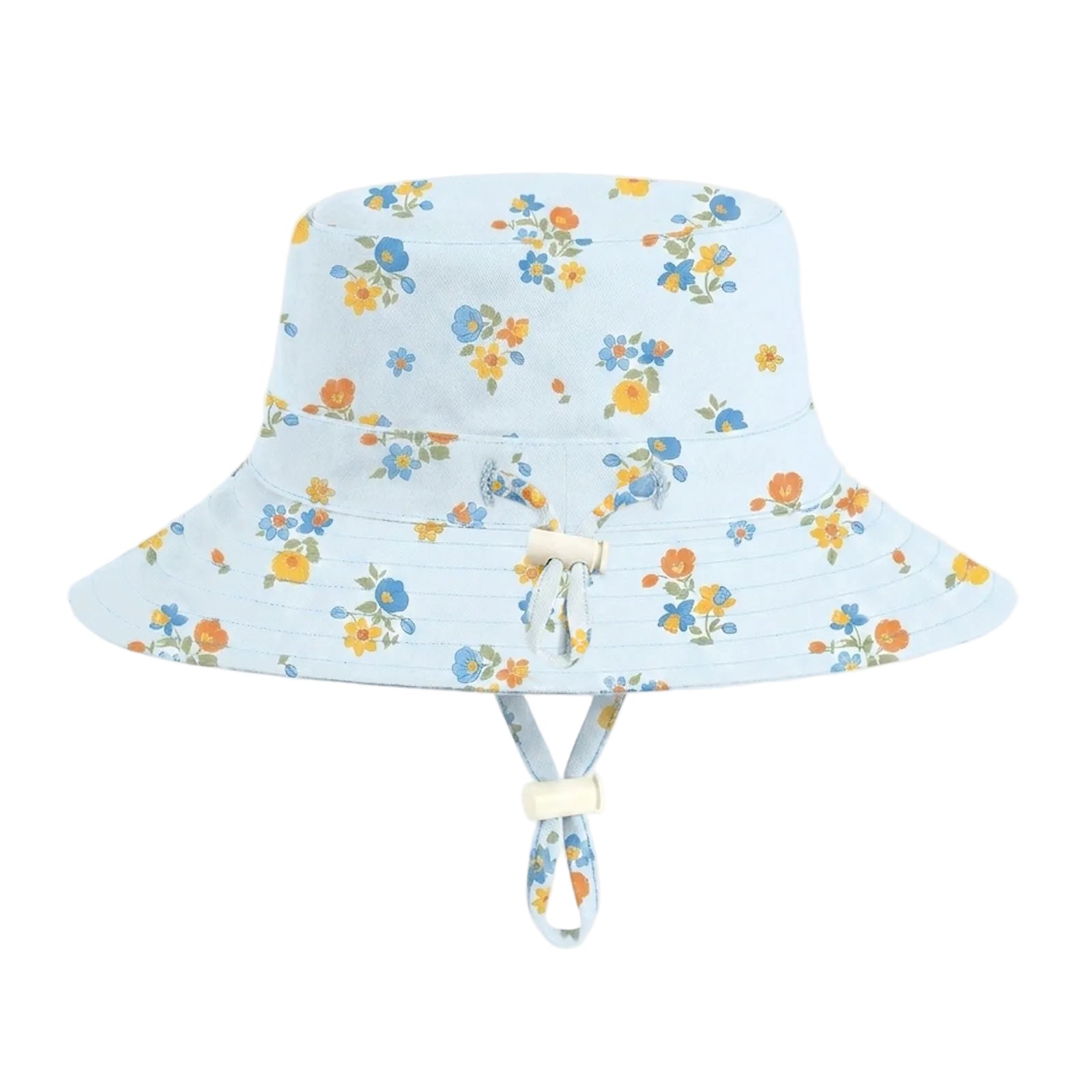 A light blue bucket hat with a yellow and blue floral pattern, featuring a chin strap with a cream-colored toggle, shown against a solid light gray background.