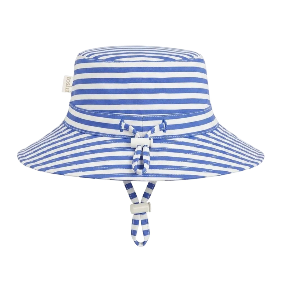 A blue and white striped kids sun hat with a wide brim, a matching tie detail on the front, and a chin strap, shown against a light gray background.