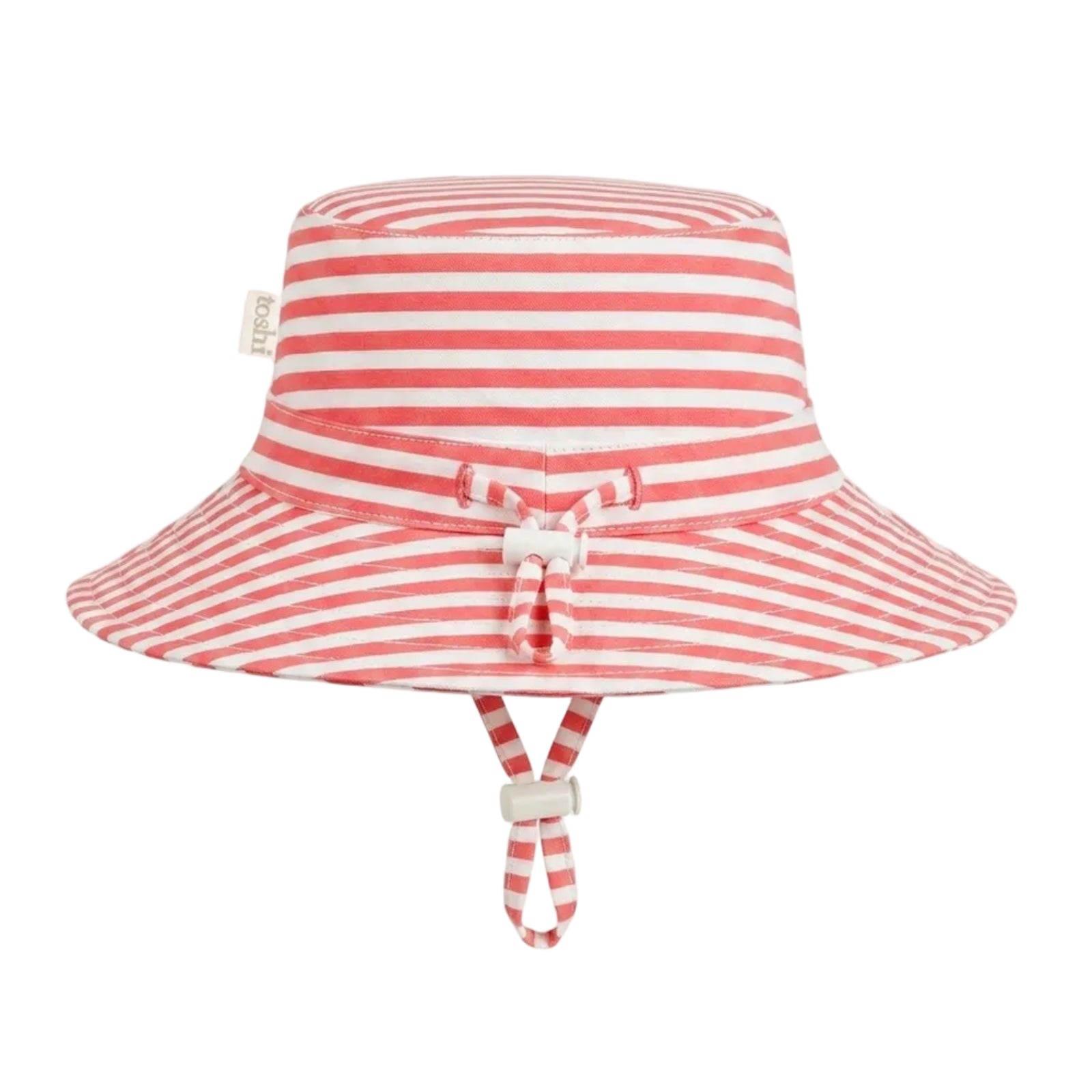 A red and white striped kids sun hat with a wide brim, a small bow detail on the front, and a chin strap, shown against a light gray background.