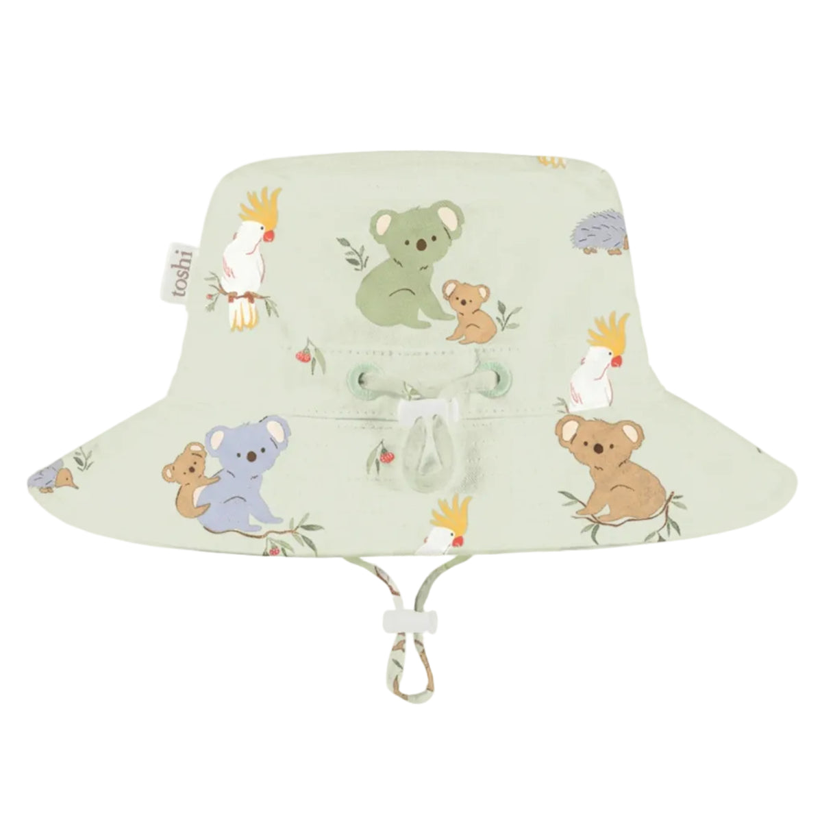 A light sage green  kids sun hat with a drawstring and chin strap, featuring a cute cartoon animal print of koalas, a kangaroo, and cockatoos, shown against a plain light gray background.