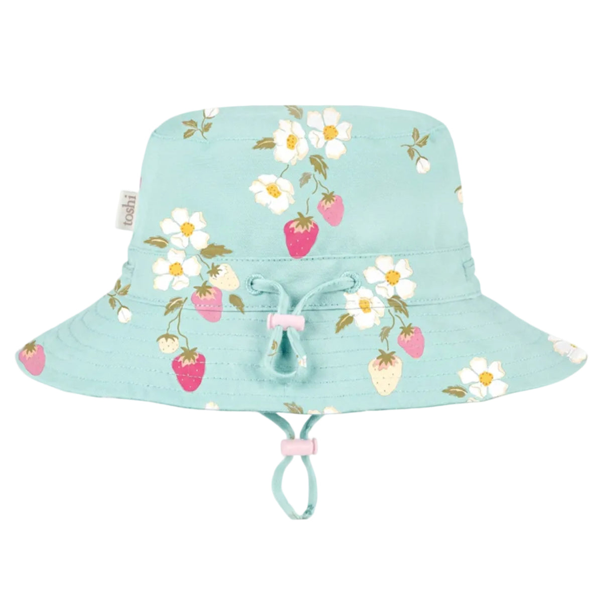 A light blue girls bucket hat with a strawberry and daisy floral print, featuring a drawstring chin strap, shown against a light gray background.