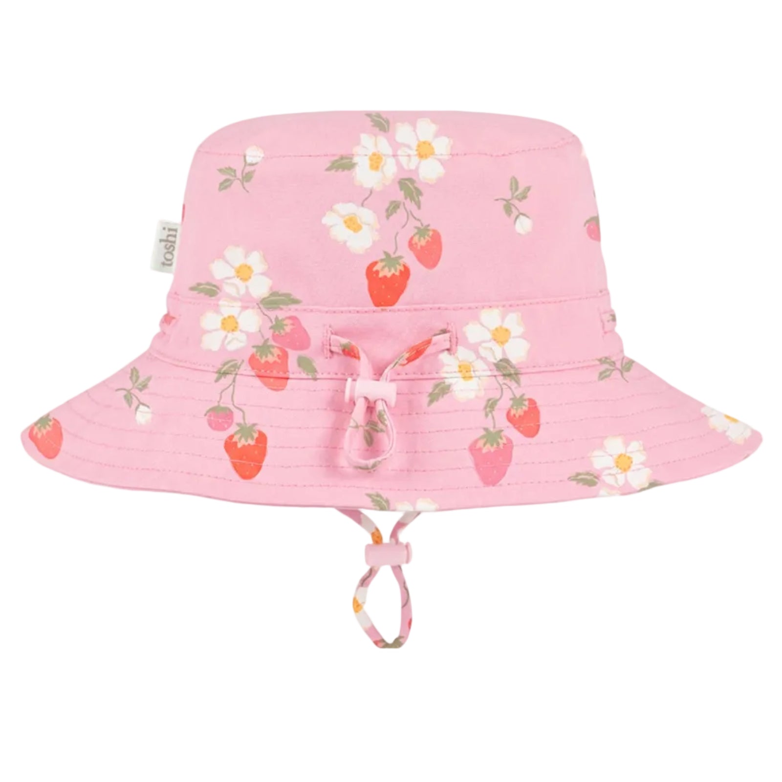 A pink sun hat with a strawberry and white flower pattern, featuring a drawstring chin strap, shown against a light gray background.