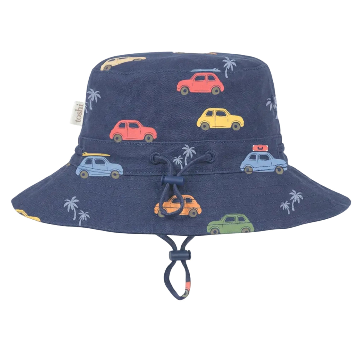 A navy blue bucket hat for kids, featuring a playful print of colorful vintage cars and white palm trees, complete with a matching navy blue chin strap.