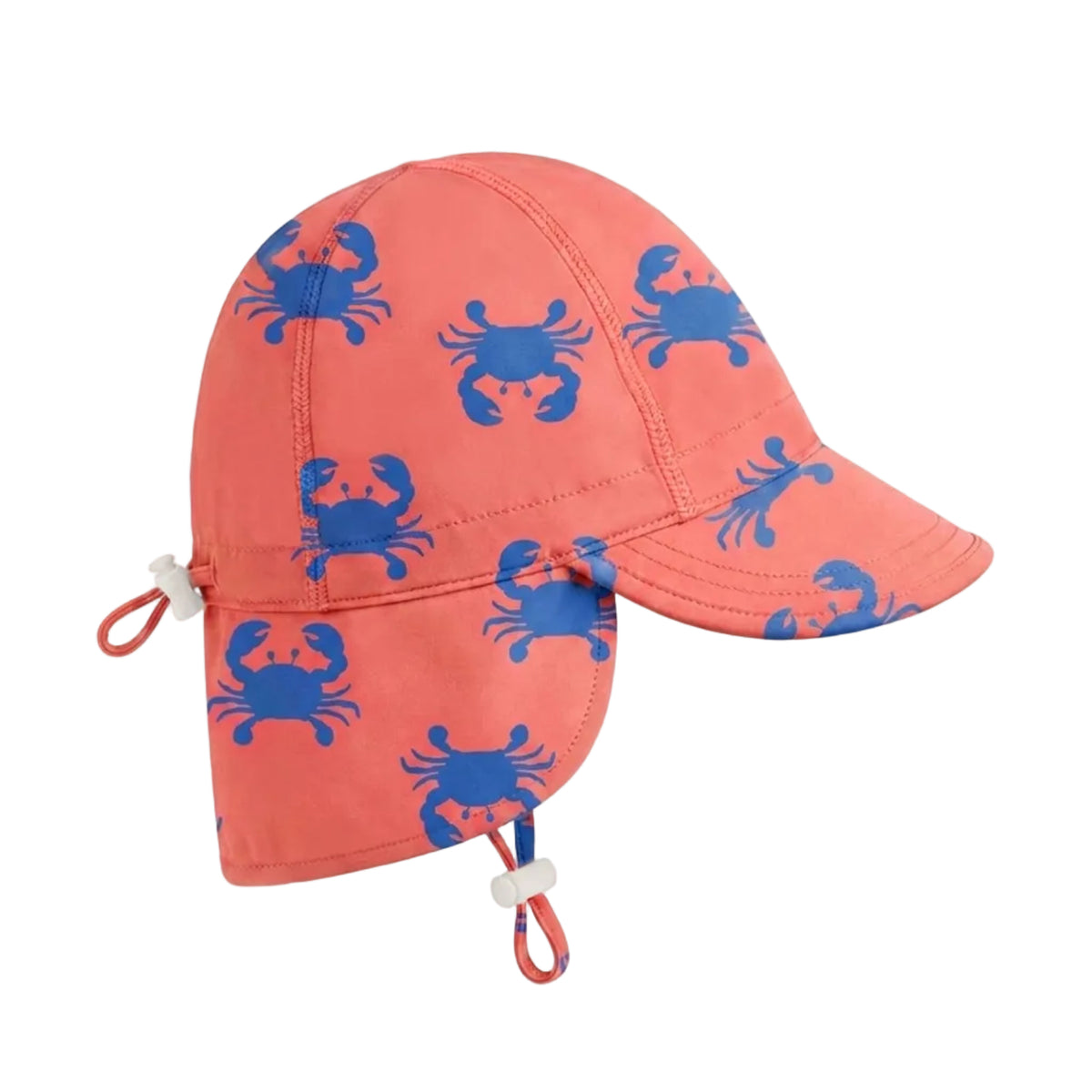 A coral orange children's swim sun hat with a blue crab pattern, featuring a chin strap and ear loops, shown against a light gray background.
