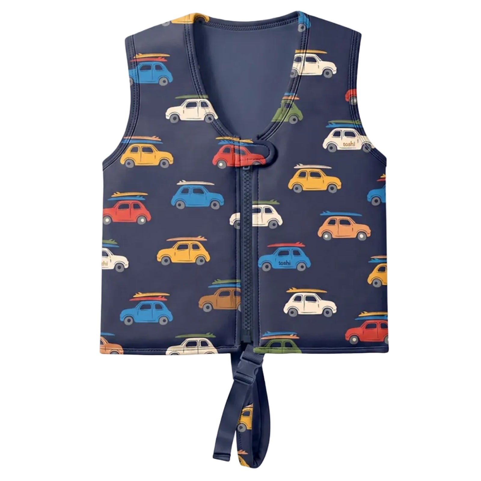 A navy blue children's life jacket featuring a colorful pattern of retro surf cars with surfboards, shown against a light gray background.