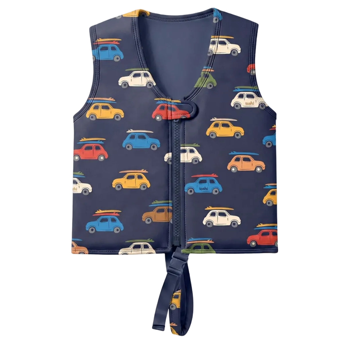 A navy blue children's life jacket featuring a colorful pattern of retro surf cars with surfboards, shown against a light gray background.