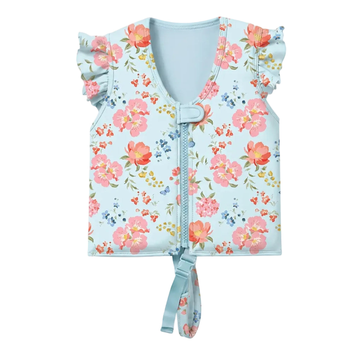 A light blue children's zip-front vest with a floral print, ruffled cap sleeves, and a tie detail at the bottom, shown on a plain light gray background.