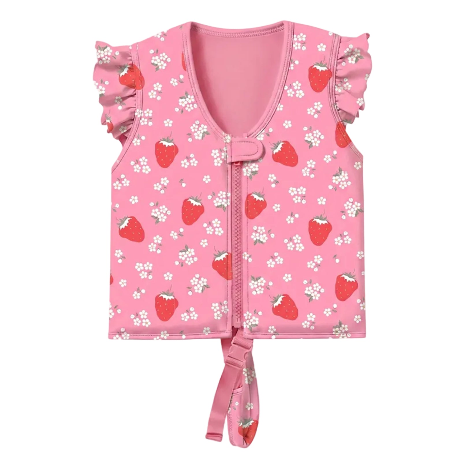 Pink children's zip-front vest with ruffled cap sleeves, a strawberry and white floral print, and a tie detail at the front hem, shown on a light gray background.