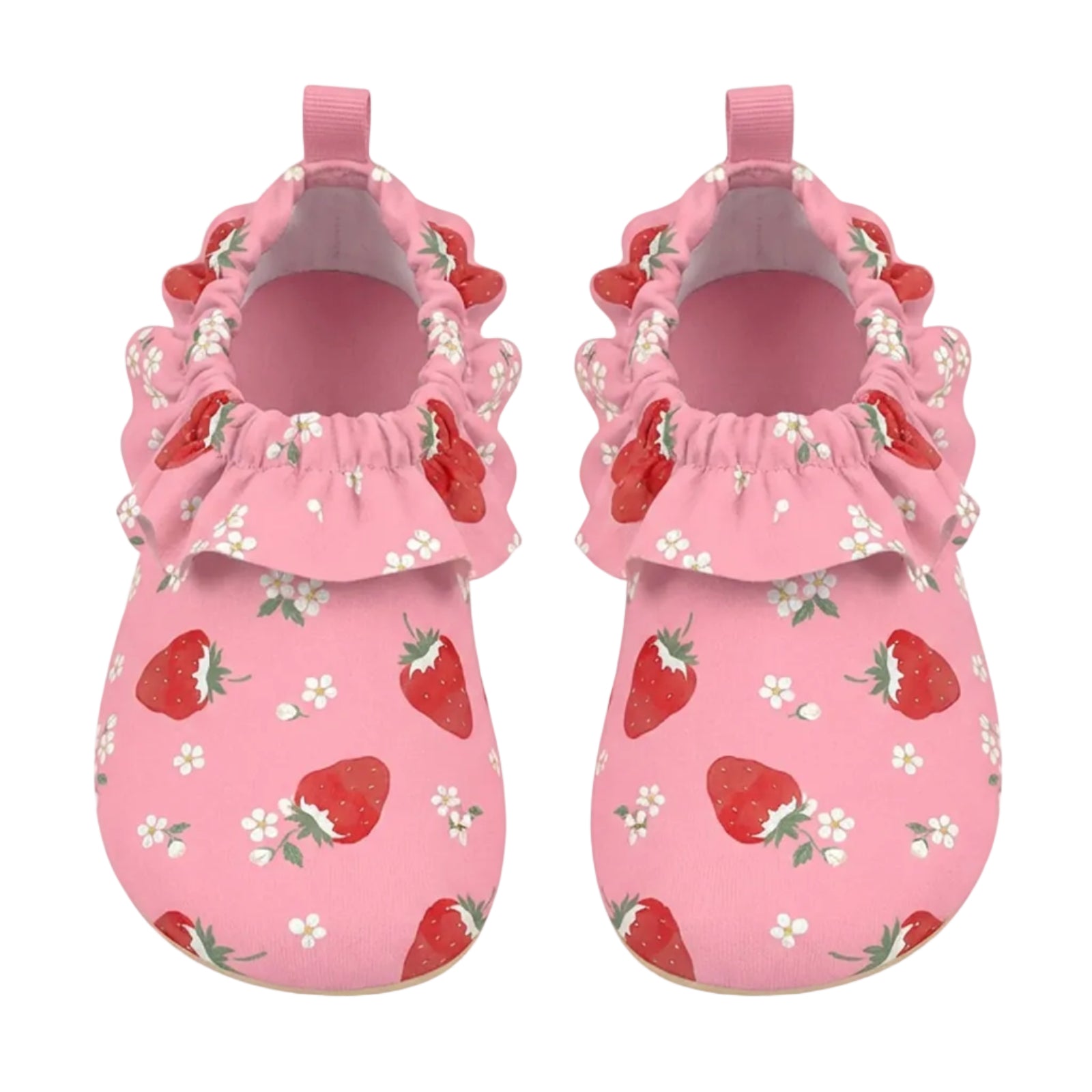 A pair of pink baby mule style swim shoes with a strawberry and white flower print, featuring ruffled trim around the open back and pull tabs, shown on a light gray background.