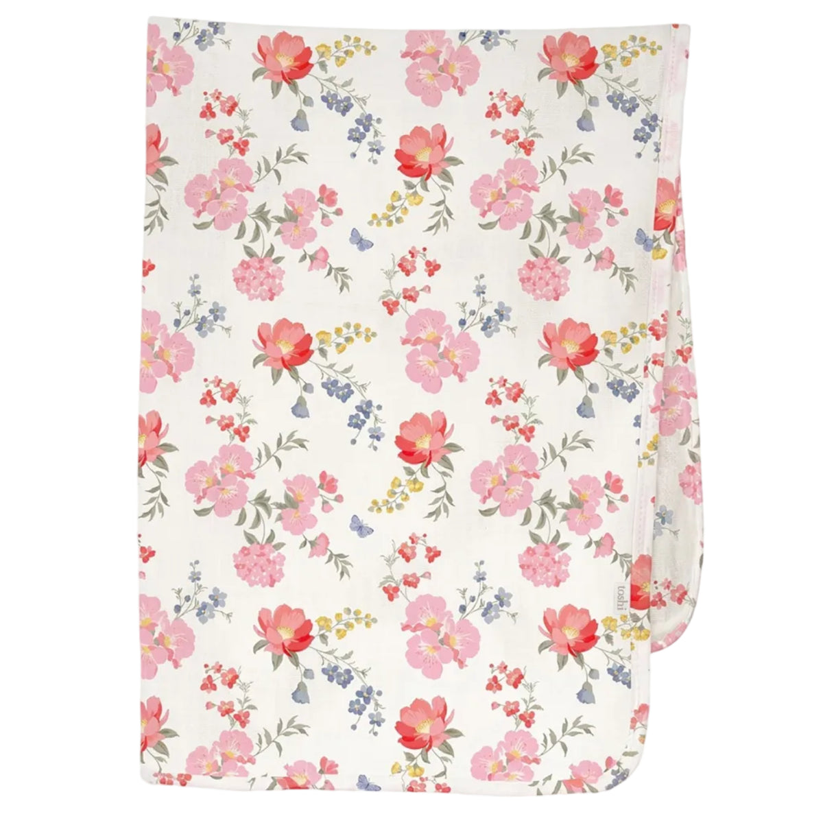 A folded baby blanket or swaddle featuring a delicate Australina floral pattern with pink, red, and blue flowers on a warm cream background, shown against a light gray studio backdrop.