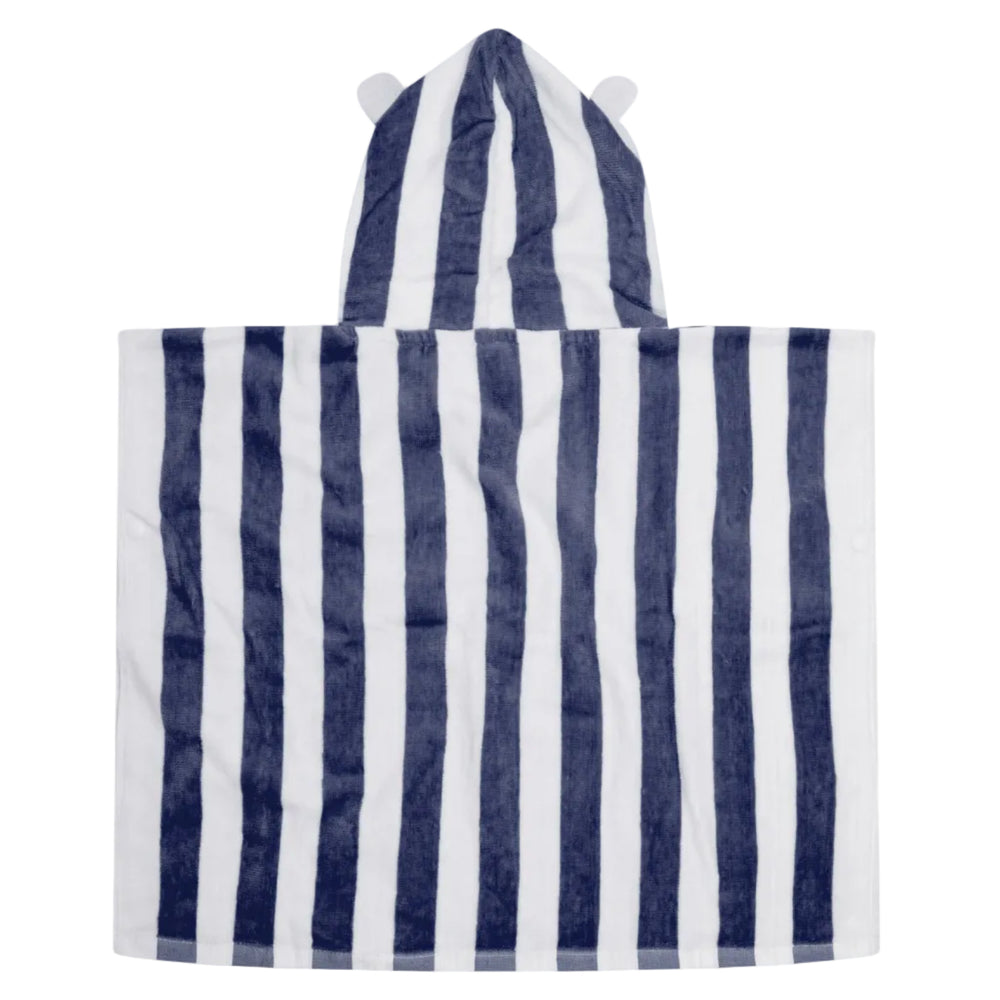 A hooded towel or poncho with vertical navy blue and white stripes, featuring small white bear ears on the hood, shown against a plain light gray background.