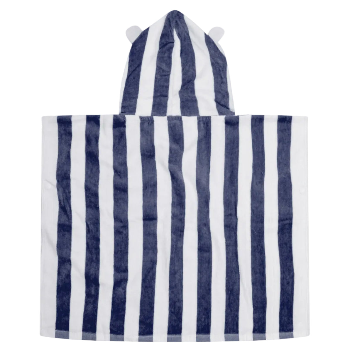 A hooded towel or poncho with vertical navy blue and white stripes, featuring small white bear ears on the hood, shown against a plain light gray background.