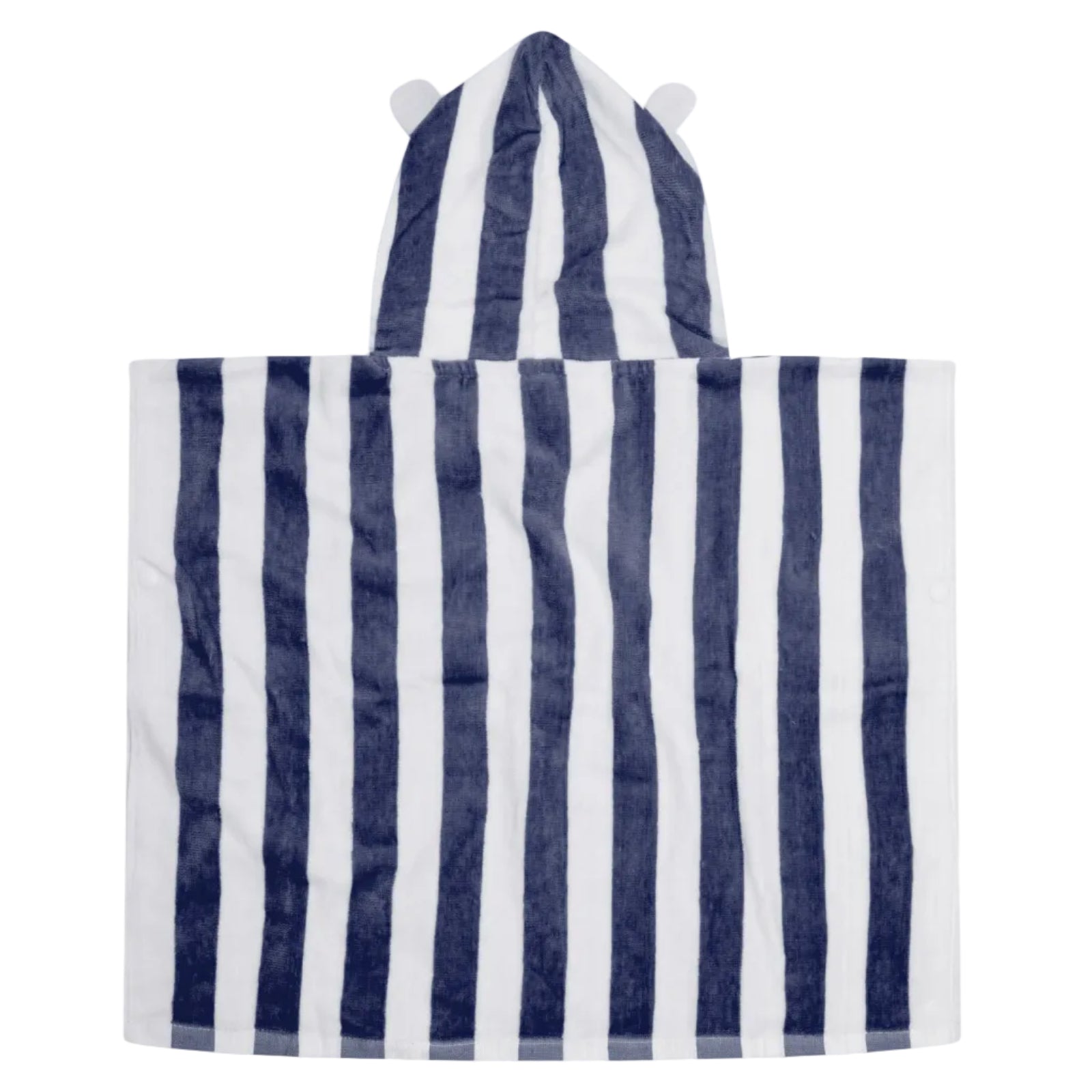 A plush kids towel or beach towel with vertical navy blue and white stripes, featuring two teddy ears shown against a plain white background.