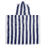 A hooded towel or poncho with vertical navy blue and white stripes, featuring small white bear ears on the hood, shown against a plain light gray background.