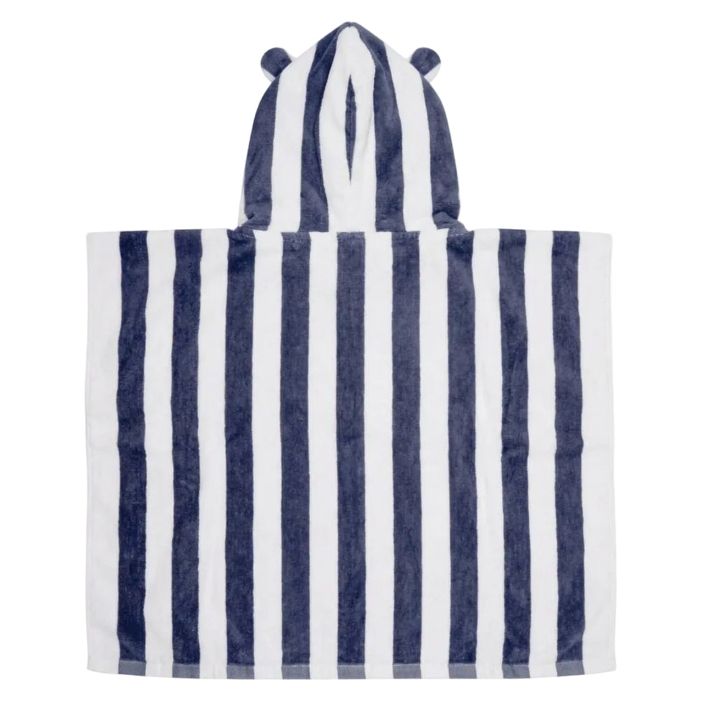 A plush kids towel or beach towel with vertical navy blue and white stripes, featuring two teddy ears shown against a plain white background.