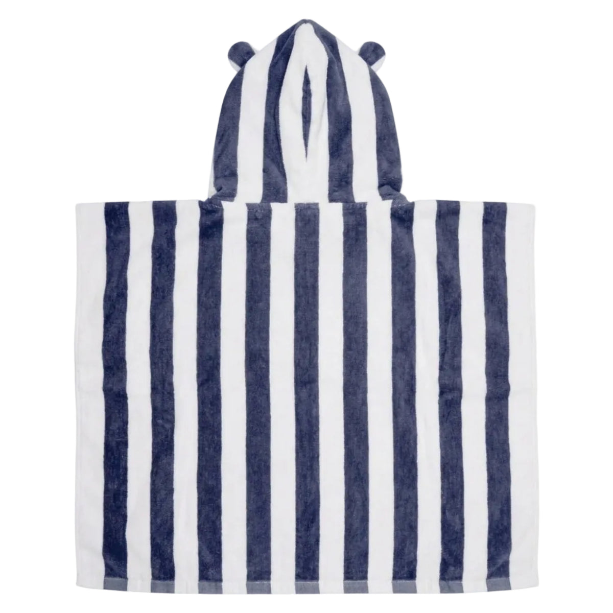 A plush kids towel or beach towel with vertical navy blue and white stripes, featuring two teddy ears shown against a plain white background.