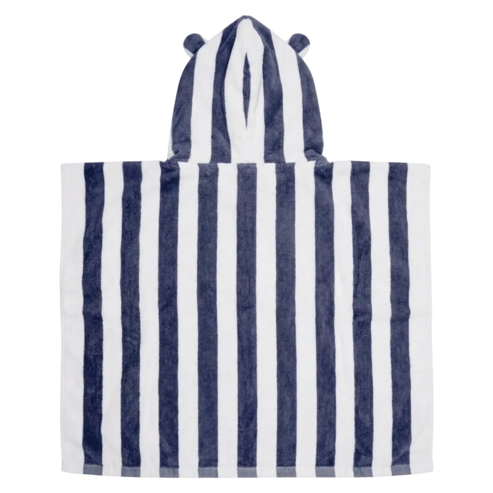 A plush kids towel or beach towel with vertical navy blue and white stripes, featuring two teddy ears shown against a plain white background.