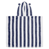 A plush kids towel or beach towel with vertical navy blue and white stripes, featuring two teddy ears shown against a plain white background.