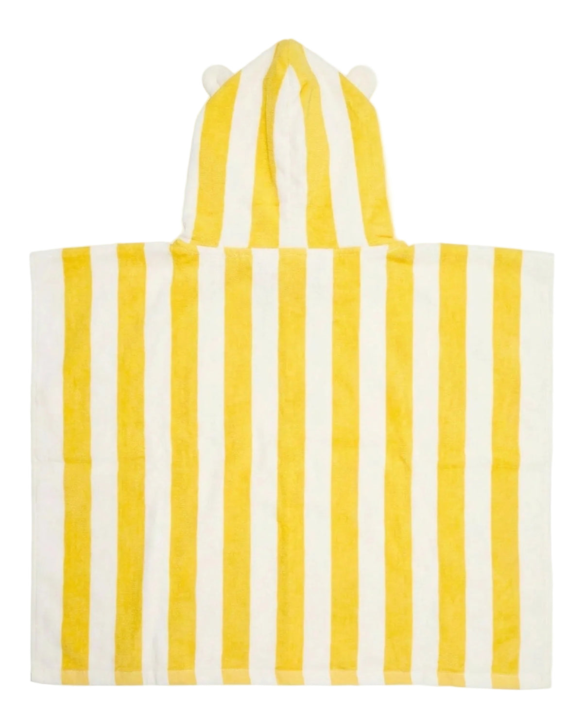 A yellow and white vertically striped beach towel with double shoulder straps and small pom-pom details at the top, shown flat against a light gray background.
