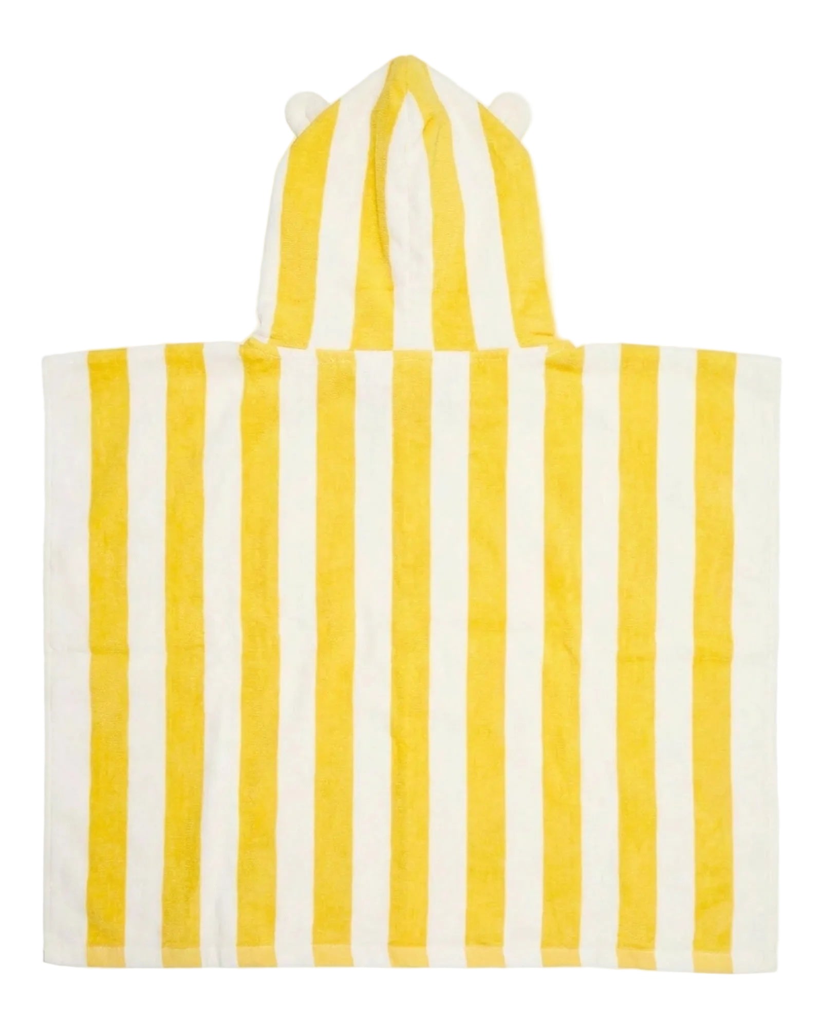 A yellow and white vertically striped beach towel with double shoulder straps and small pom-pom details at the top, shown flat against a light gray background.