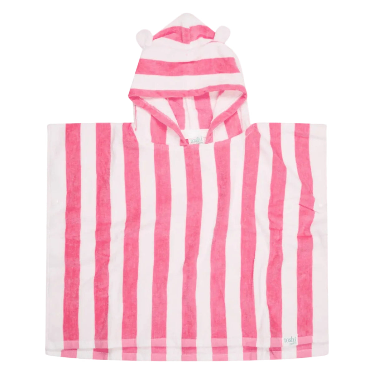 Pink and white vertically striped kids hooded towel with bear ears on the hood, laid flat against a light gray background.