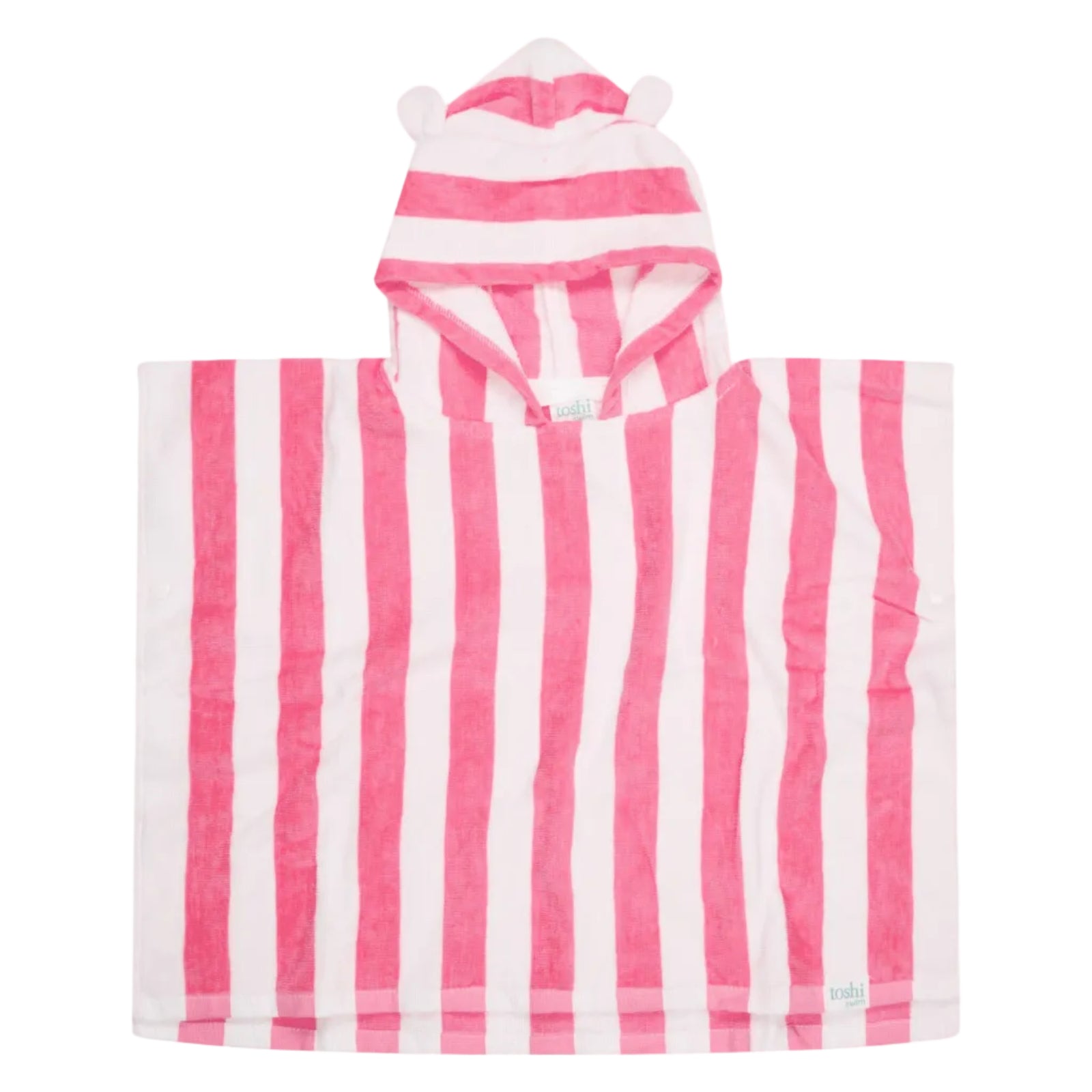Pink and white vertically striped kids hooded towel with bear ears on the hood, laid flat against a light gray background.