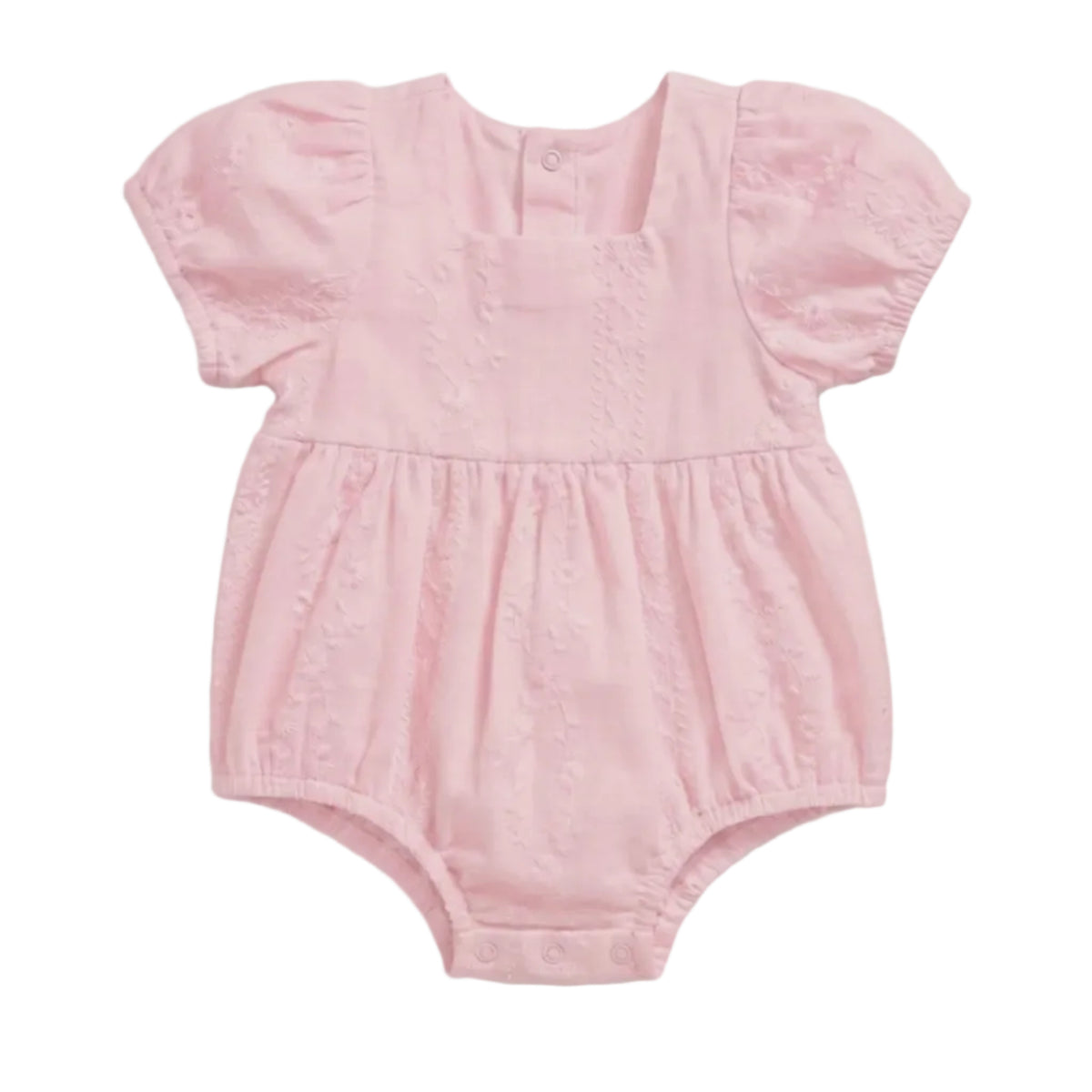 A light pink baby romper with short puff sleeves, a gathered waist, and a textured eyelet fabric, shown against a plain light gray background.