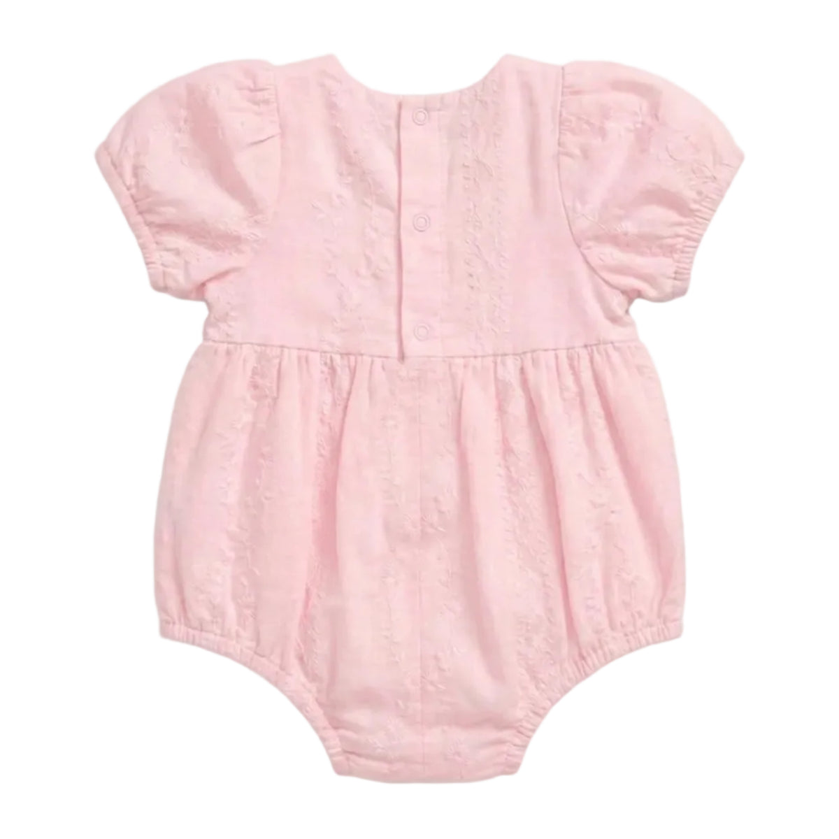A light pink baby romper with short puff sleeves, a buttoned back, and a gathered waist, shown against a plain light gray background.
