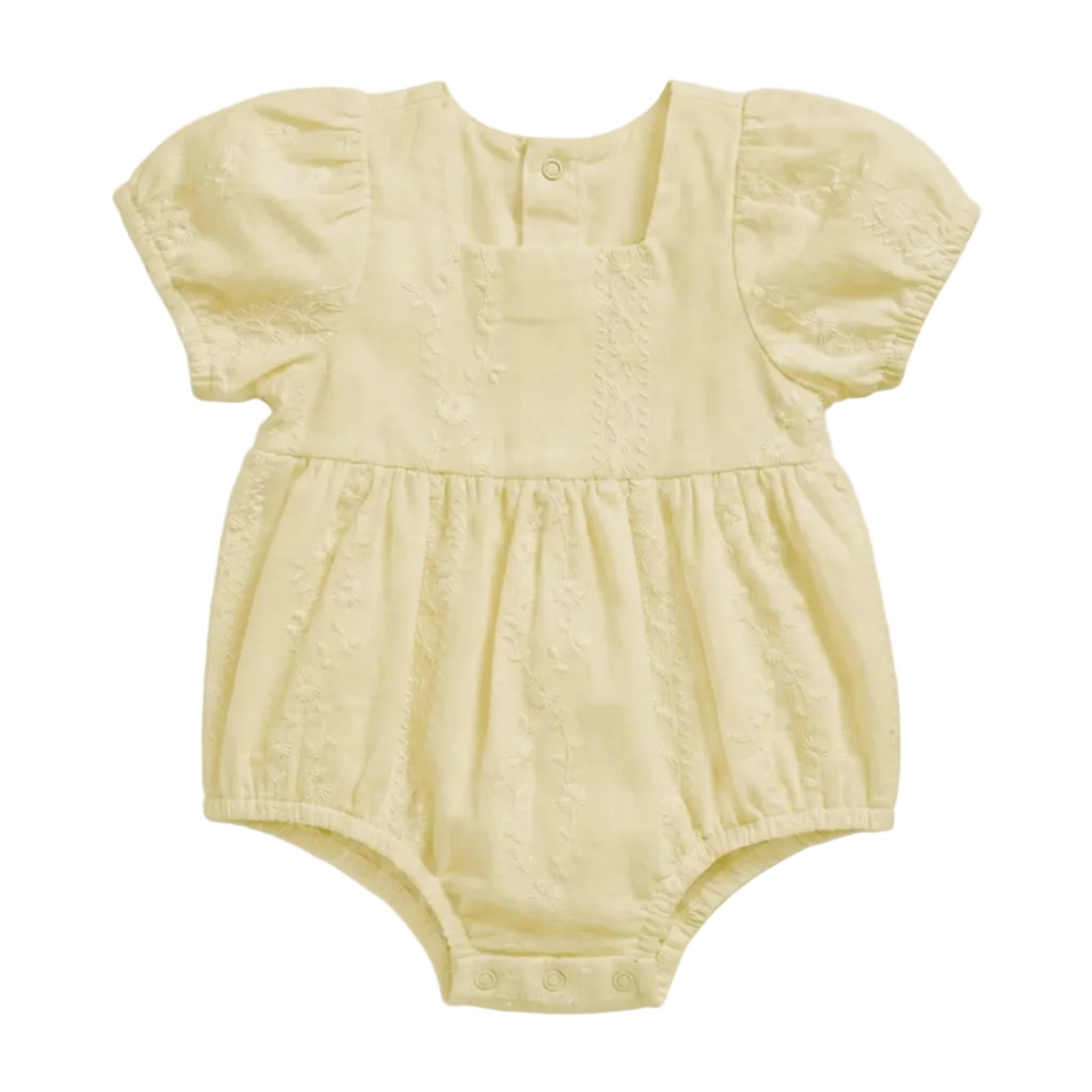 A pale yellow baby romper with short puff sleeves, a square neckline, and a gathered waist, shown flat against a light gray background.