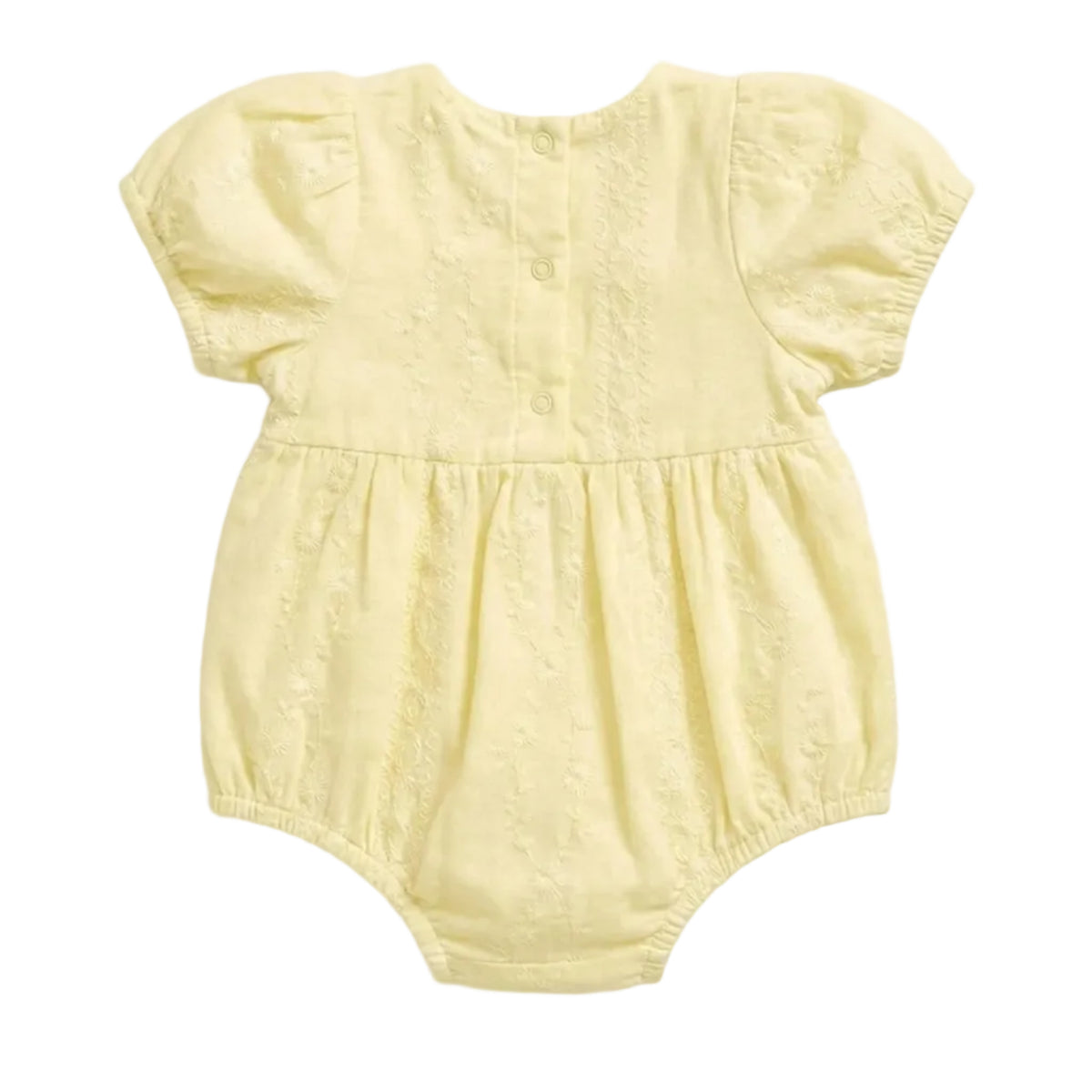 A pale yellow baby romper with short puff sleeves, a buttoned back, and a gathered waist, shown flat on a light gray background.