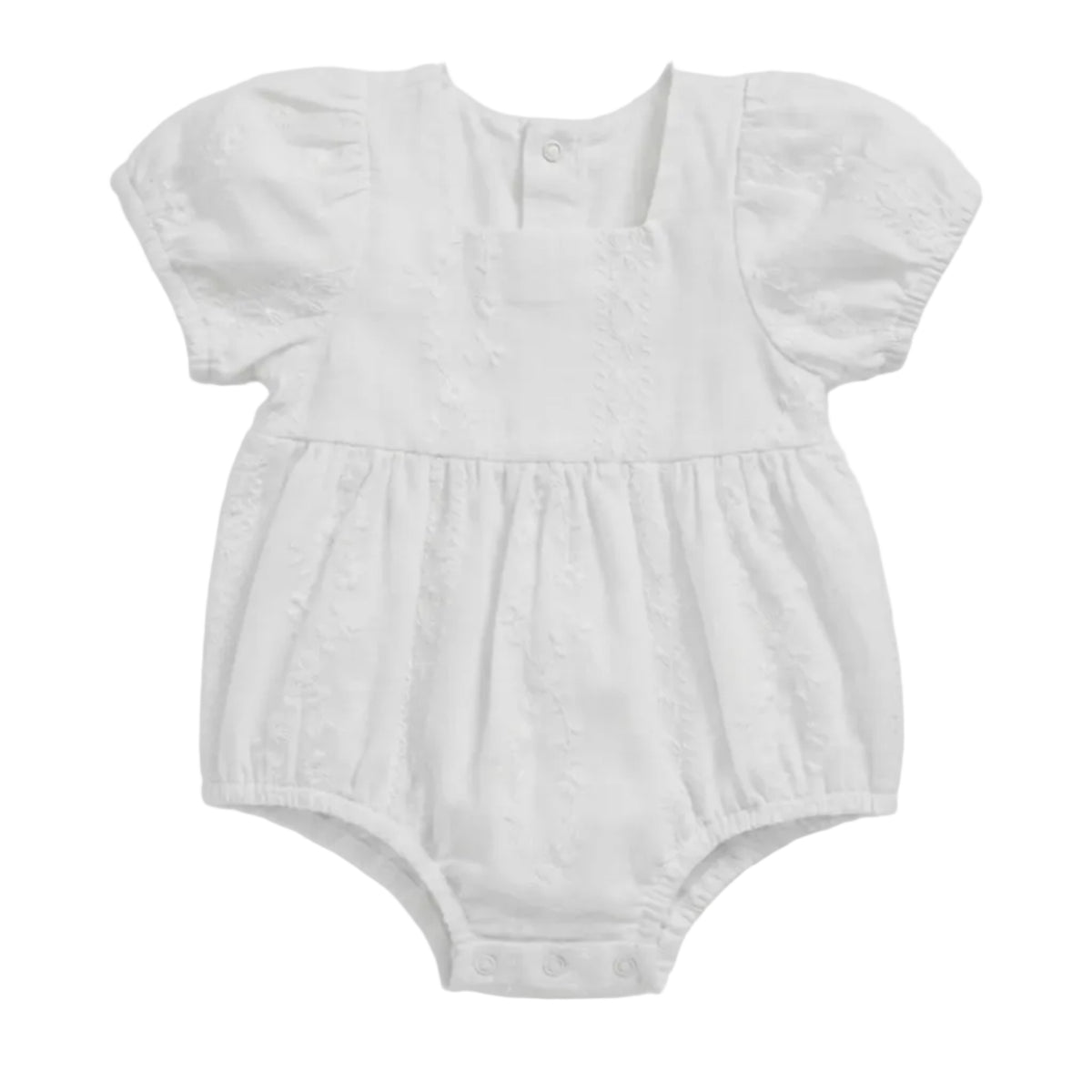 A white short-sleeve baby romper with textured eyelet embroidery, featuring a square neckline, ruffled sleeves, and a gathered waist, shown against a light gray background.