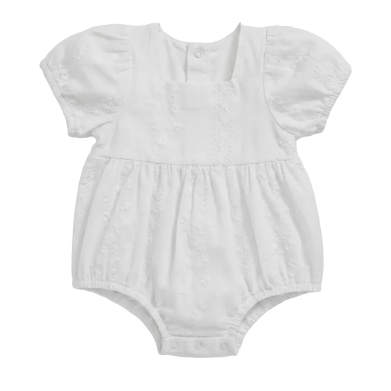 A white short-sleeve baby romper with textured eyelet embroidery, featuring a square neckline, ruffled sleeves, and a gathered waist, shown against a light gray background.