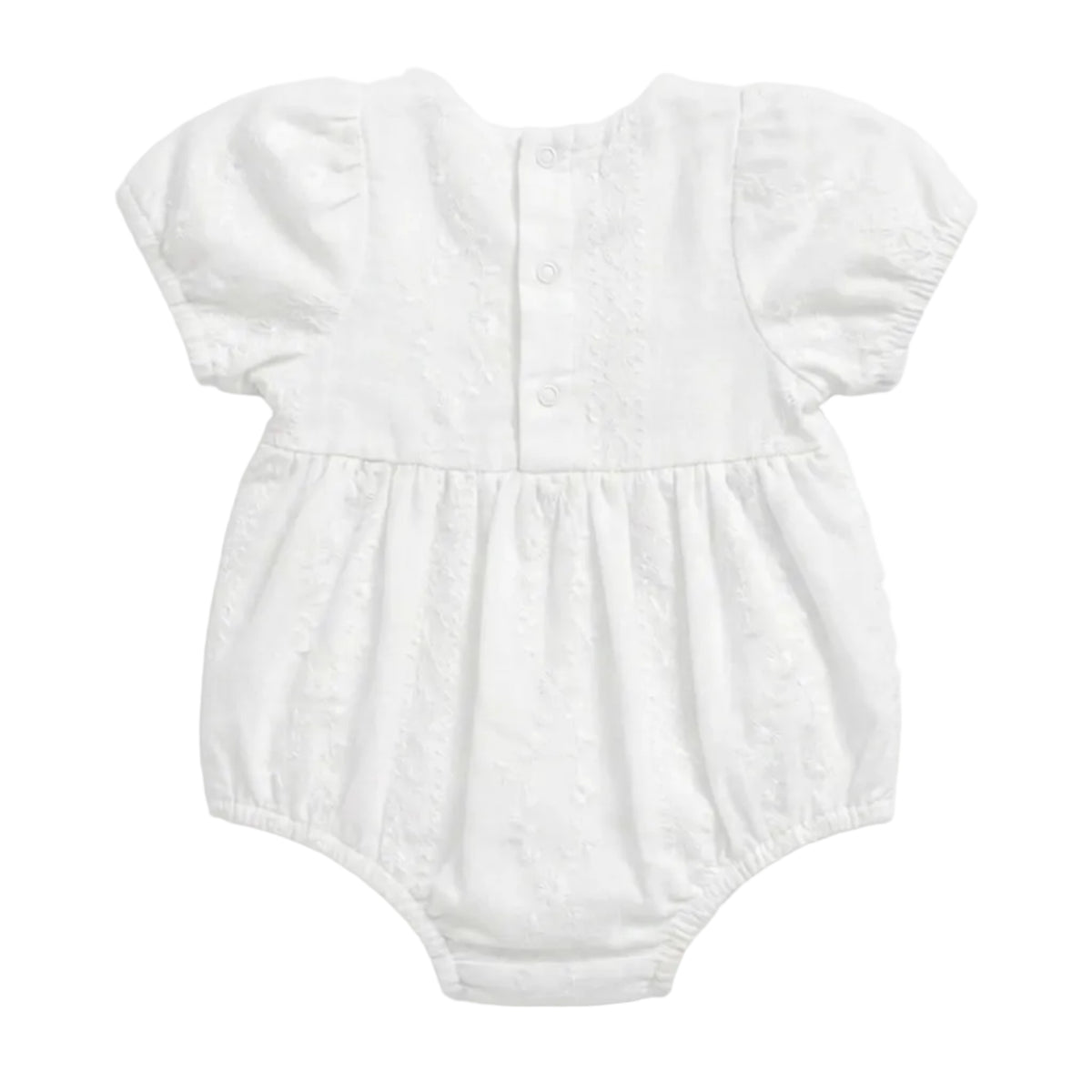 A white short-sleeve baby romper with puff sleeves, a buttoned back, and a gathered waist, shown flat on a light gray background.