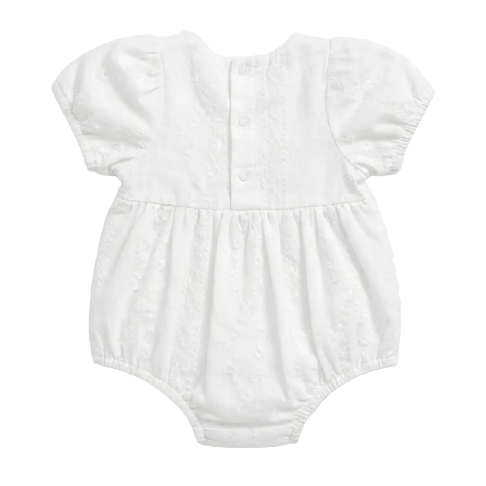 A white short-sleeve baby romper with textured eyelet embroidery, featuring a square neckline, ruffled sleeves, and a gathered waist, shown against a light gray background.