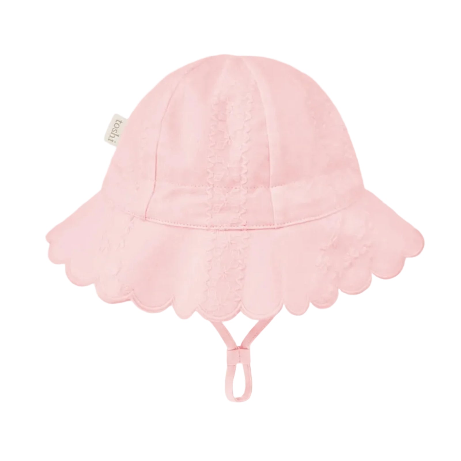 A light pink baby sun hat with a scalloped brim, embroidered details, and an adjustable chin strap, shown against a plain light gray background.