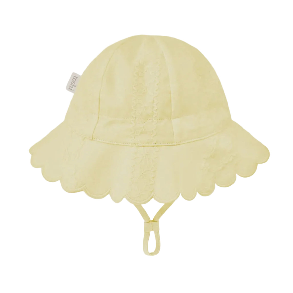 A pale yellow baby sun hat with a scalloped lace trim and chin strap, shown against a solid light gray background.