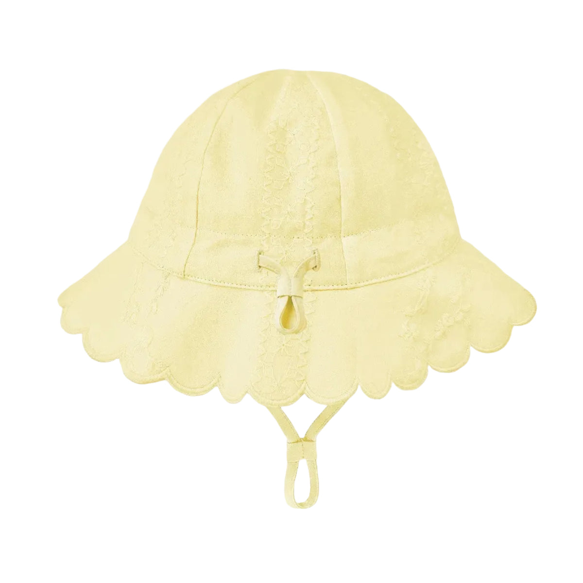A pale yellow sun hat for children, featuring a scalloped lace brim, a small bow at the center, and an adjustable chin strap, shown against a light gray background.