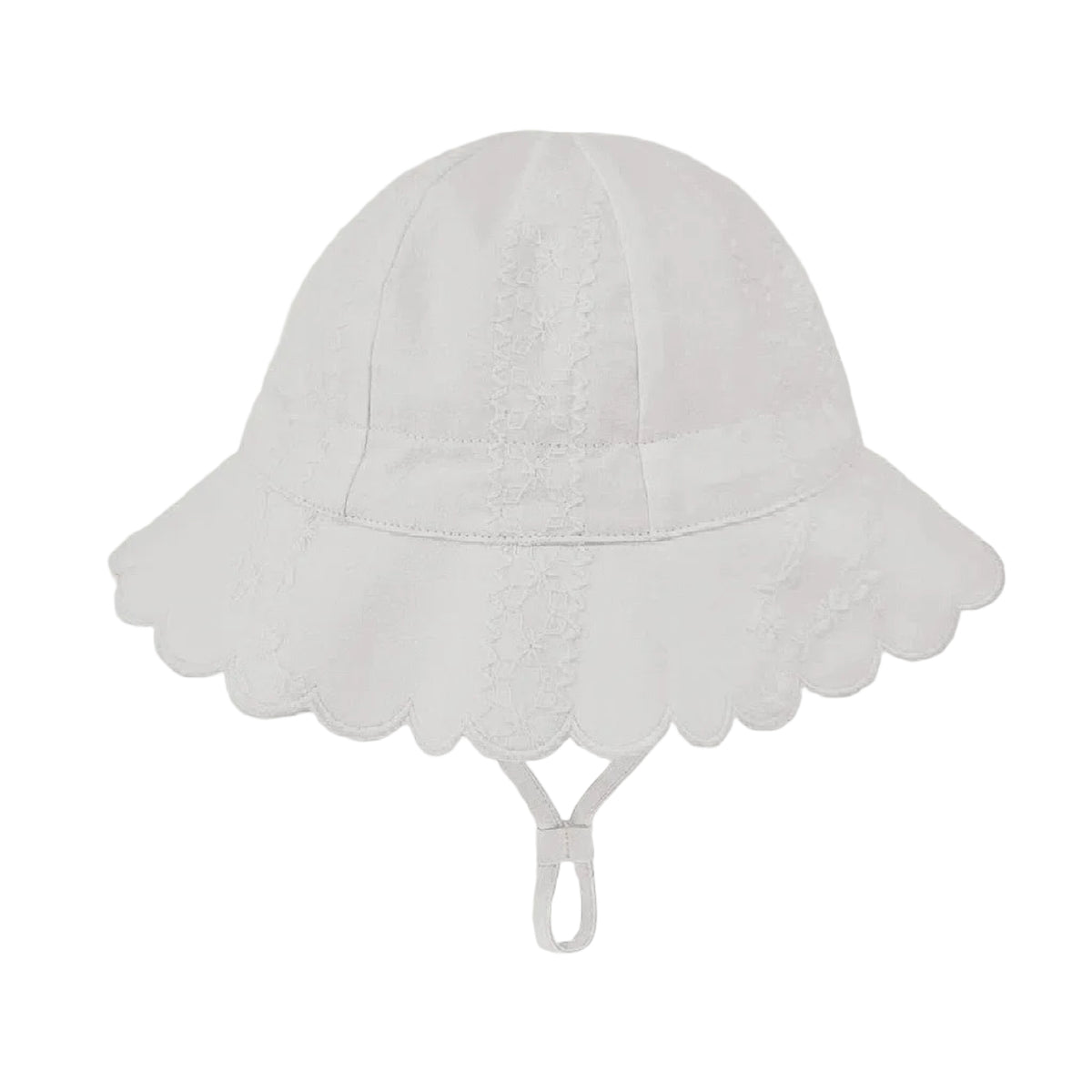 A white toshi bell sun hat for children, featuring a scalloped lace brim and a chin strap, shown against a light gray background.