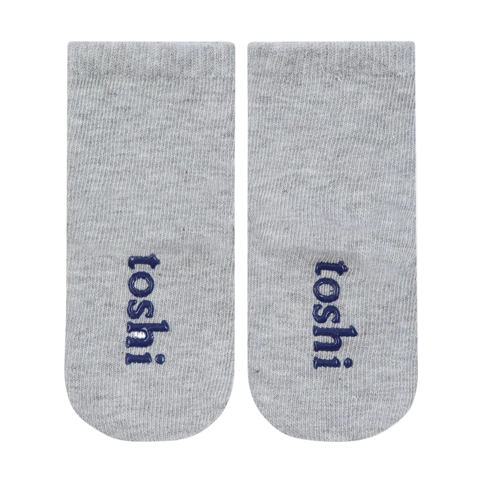 Two gray socks with 'toshi' branding on a white background