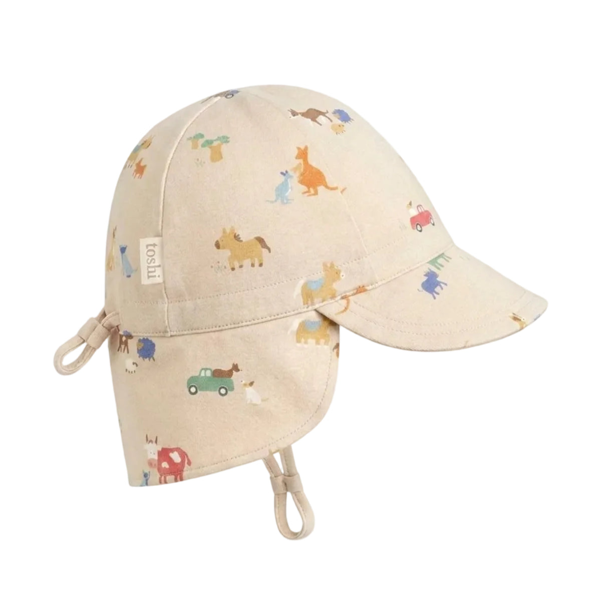 A beige baby sun hat with ear flaps and a curved brim, decorated with a colorful pattern of cartoon aussie and farm animals and vehicles, shown against a light gray background.