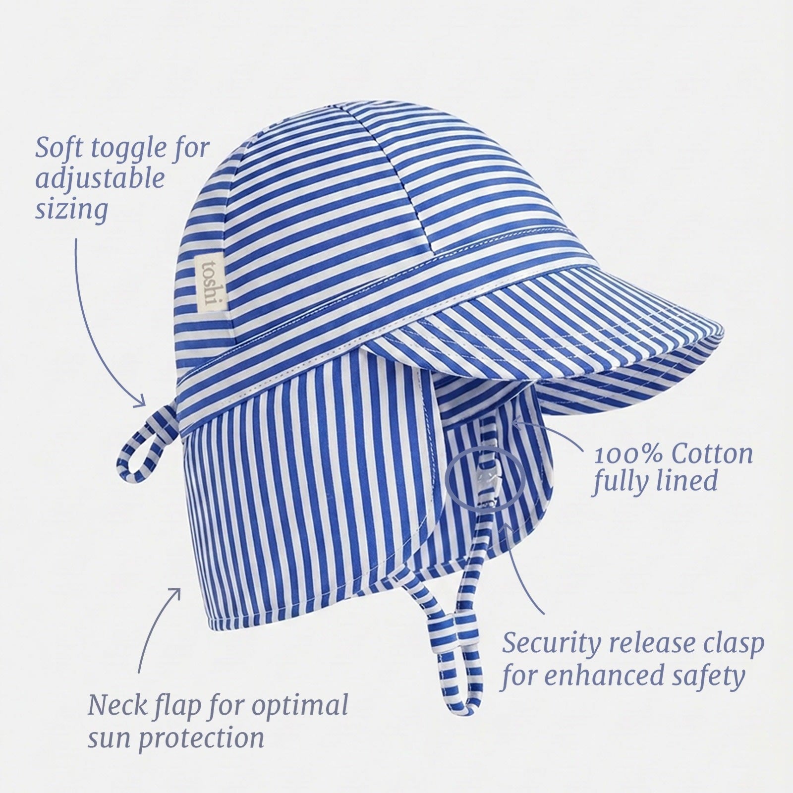 A blue and white striped sun hat with a chin strap, photographed on a clean white background.