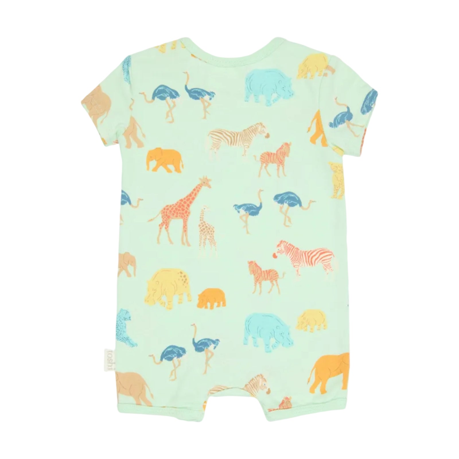 A baby short-sleeve romper in mint green with an all-over safari animal print, including giraffes, zebras, ostriches, and elephants in various colors, shown flat against a light gray background.